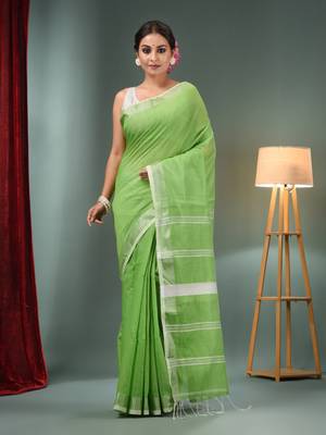 Parrot Green Cotton Blend Handwoven Saree With Zari Border 1
