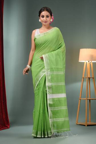 Parrot Green Cotton Blend Handwoven Saree With Zari Border