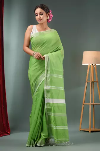 Parrot Green Cotton Blend Handwoven Saree With Zari Border
