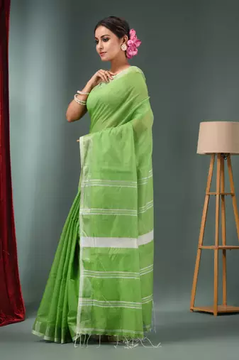 Parrot Green Cotton Blend Handwoven Saree With Zari Border
