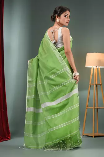 Parrot Green Cotton Blend Handwoven Saree With Zari Border