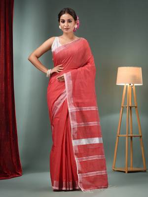Red Cotton Blend Handwoven Saree With Zari Border 1