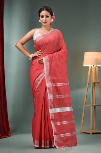 Red Cotton Blend Handwoven Saree With Zari Border