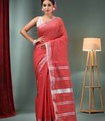Red Cotton Blend Handwoven Saree With Zari Border