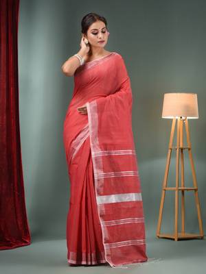 Red Cotton Blend Handwoven Saree With Zari Border 2