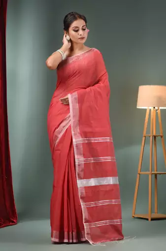 Red Cotton Blend Handwoven Saree With Zari Border