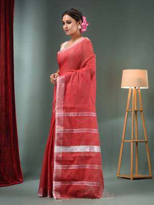 Red Cotton Blend Handwoven Saree With Zari Border 3