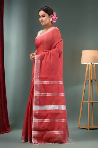 Red Cotton Blend Handwoven Saree With Zari Border