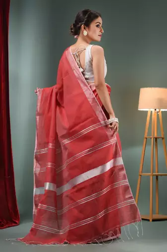 Red Cotton Blend Handwoven Saree With Zari Border