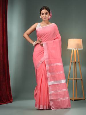 Pink Cotton Blend Handwoven Saree With Zari Border 1