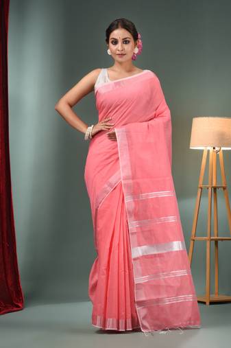 Pink Cotton Blend Handwoven Saree With Zari Border