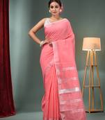 Pink Cotton Blend Handwoven Saree With Zari Border