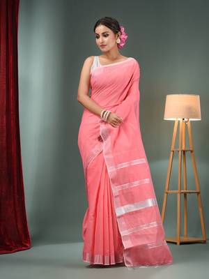 Pink Cotton Blend Handwoven Saree With Zari Border 2