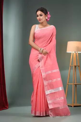 Pink Cotton Blend Handwoven Saree With Zari Border