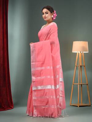 Pink Cotton Blend Handwoven Saree With Zari Border 3