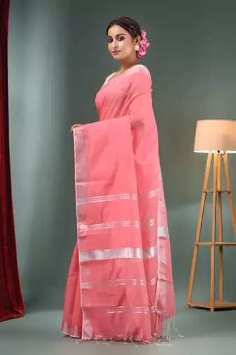 Pink Cotton Blend Handwoven Saree With Zari Border