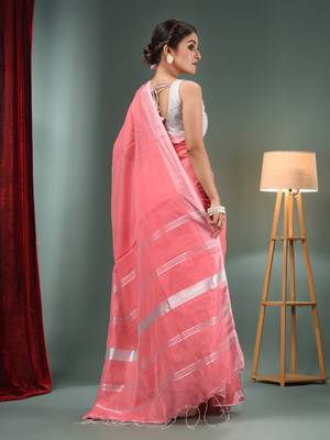 Pink Cotton Blend Handwoven Saree With Zari Border 4