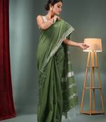 Sap Green Cotton Blend Handwoven Saree With Zari Border