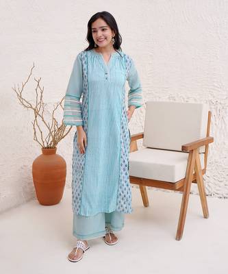 Aqua stripe kurta with wide leg pants 5