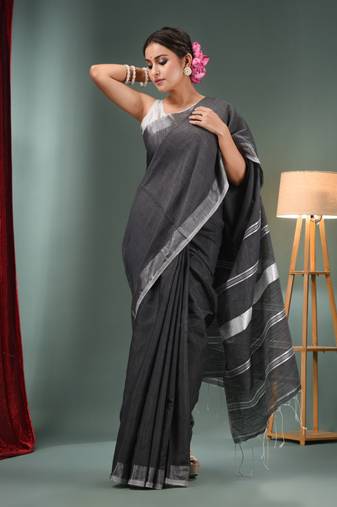Charcoal Cotton Blend Handwoven Saree With Zari Border