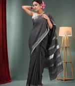 Charcoal Cotton Blend Handwoven Saree With Zari Border