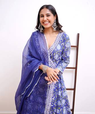 Indigo chintz angrakha with narrow pants 5