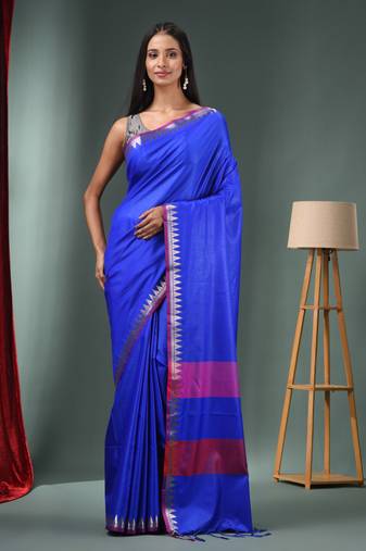 Blue Blended Silk Handwoven Saree With Temple Zari Border