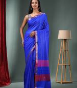 Blue Blended Silk Handwoven Saree With Temple Zari Border