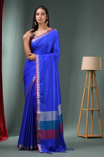 Blue Blended Silk Handwoven Saree With Temple Zari Border