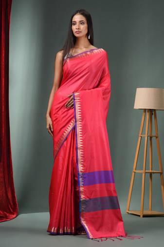 Hot Pink Blended Silk Handwoven Saree With Temple Zari Border