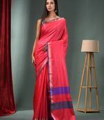 Hot Pink Blended Silk Handwoven Saree With Temple Zari Border