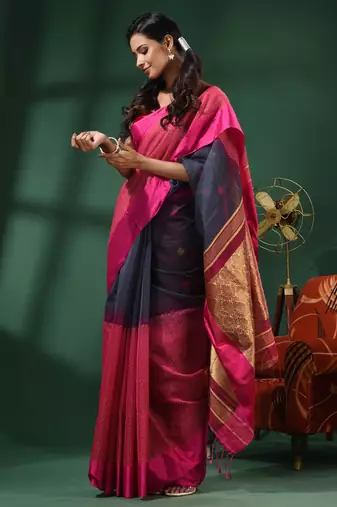 Grey Cotton Blend Handwoven Saree With Nakshi Designs