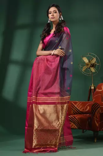 Grey Cotton Blend Handwoven Saree With Nakshi Designs