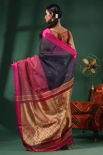 Grey Cotton Blend Handwoven Saree With Nakshi Designs
