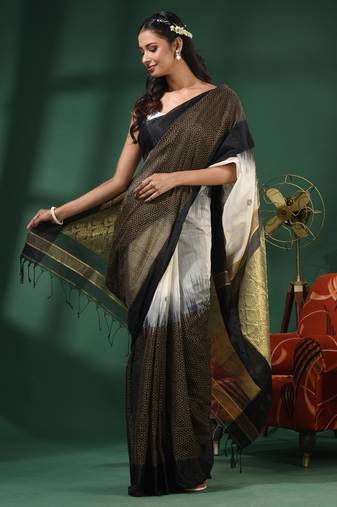 White Cotton Blend Handwoven Saree With Nakshi Designs