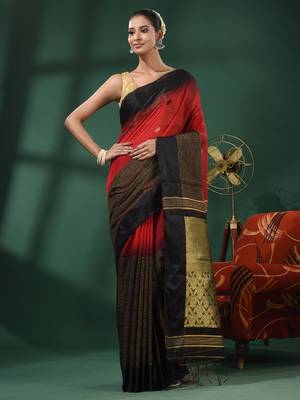 Red Cotton Blend Handwoven Saree With Nakshi Designs 1