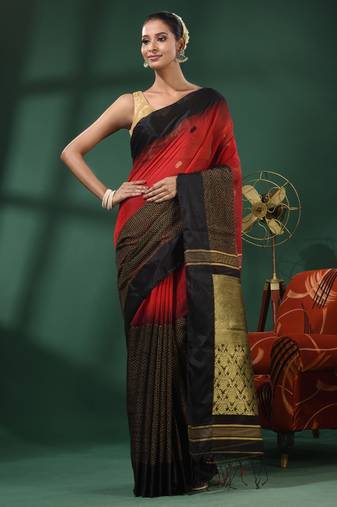 Red Cotton Blend Handwoven Saree With Nakshi Designs