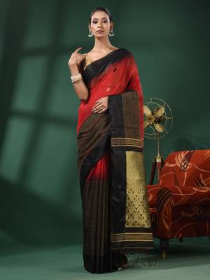 Red Cotton Blend Handwoven Saree With Nakshi Designs 2
