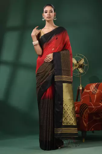 Red Cotton Blend Handwoven Saree With Nakshi Designs