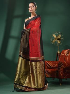Red Cotton Blend Handwoven Saree With Nakshi Designs 3