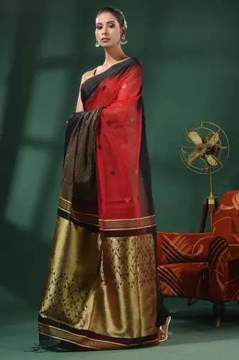 Red Cotton Blend Handwoven Saree With Nakshi Designs