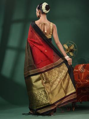 Red Cotton Blend Handwoven Saree With Nakshi Designs 4