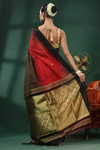 Red Cotton Blend Handwoven Saree With Nakshi Designs