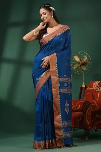 Teal Blue Cotton Handwoven Saree With Texture Motifs