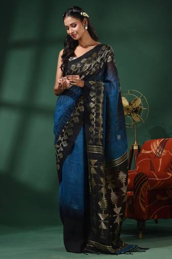 Blue Linen Handwoven Saree With Texture Border