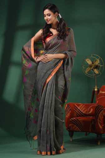 Dark Grey Linen Handwoven Saree With Foliage Motifs