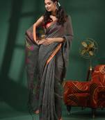 Dark Grey Linen Handwoven Saree With Foliage Motifs
