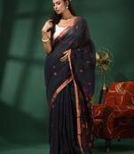 Charcoal Linen Handwoven Saree With Foliage Motifs