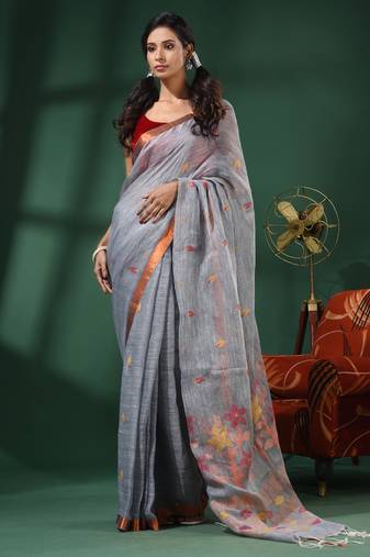 Light Grey Linen Handwoven Saree With Foliage Motifs
