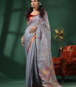 Light Grey Linen Handwoven Saree With Foliage Motifs